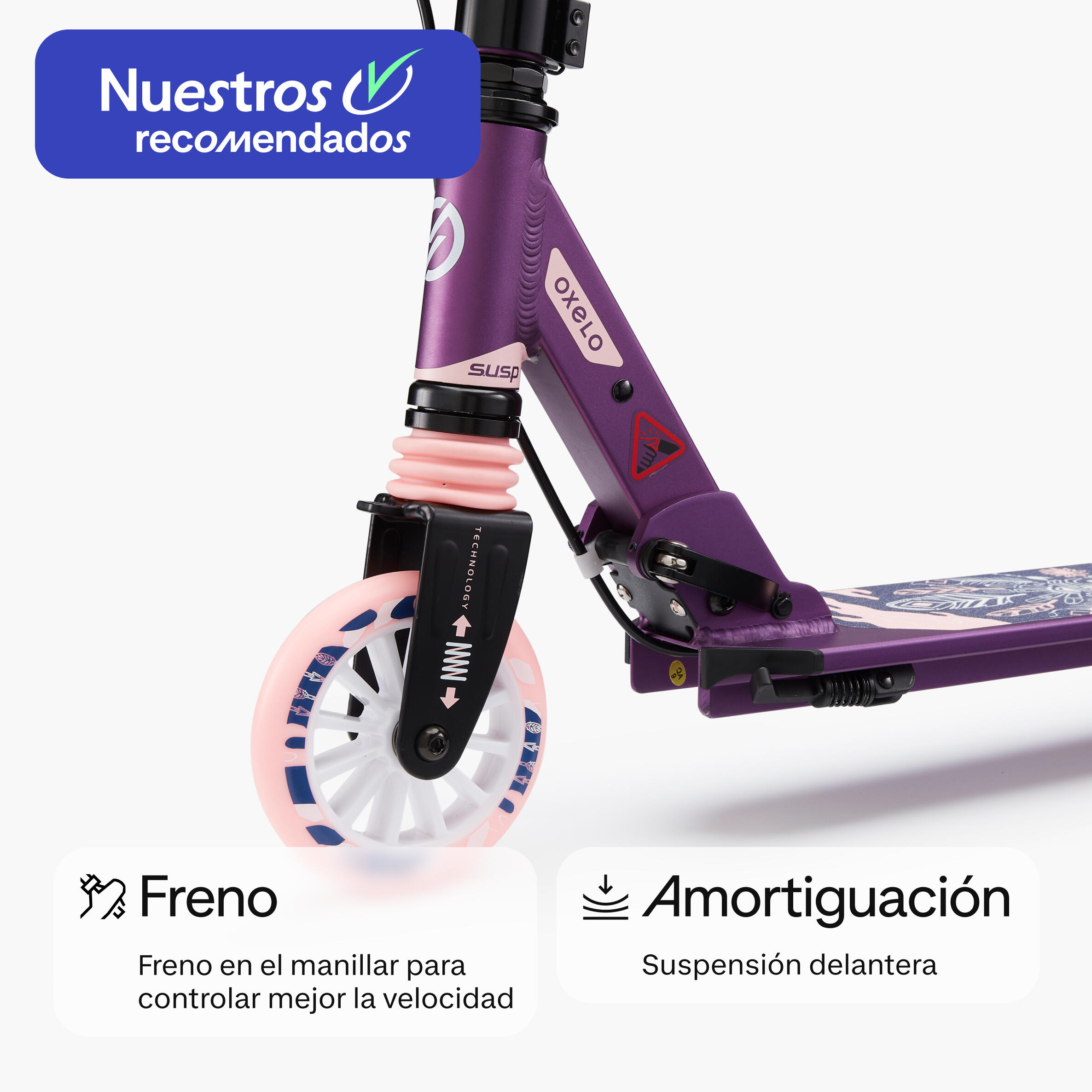 Patinete Ajustable Scooter Niños Oxelo MID5 Morado con freno en manillar 2/14