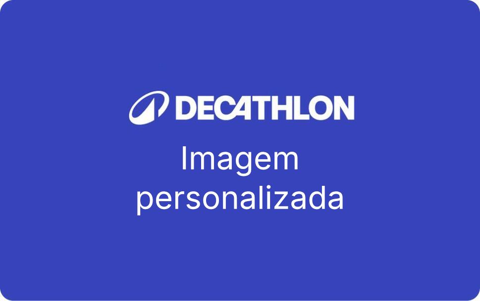Um cartão presente azul com o logo no centro