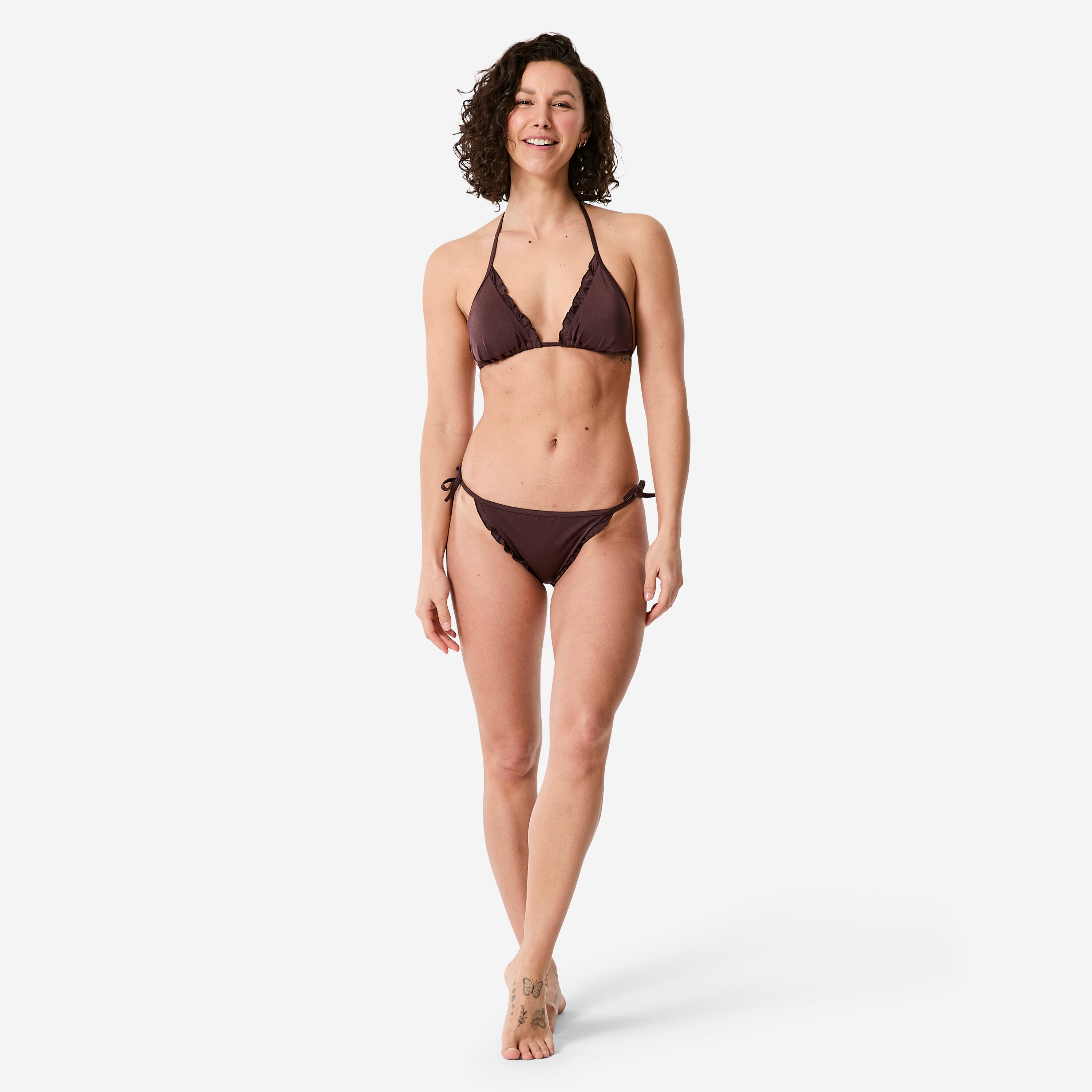 Haut de maillot de bain triangle à volants femme, Mae Cancan marron 2/6