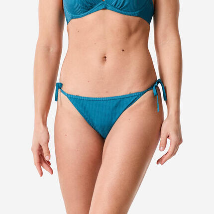 Bas de maillot de bain surf culotte nouée texturée femme, Sandy folk bleu