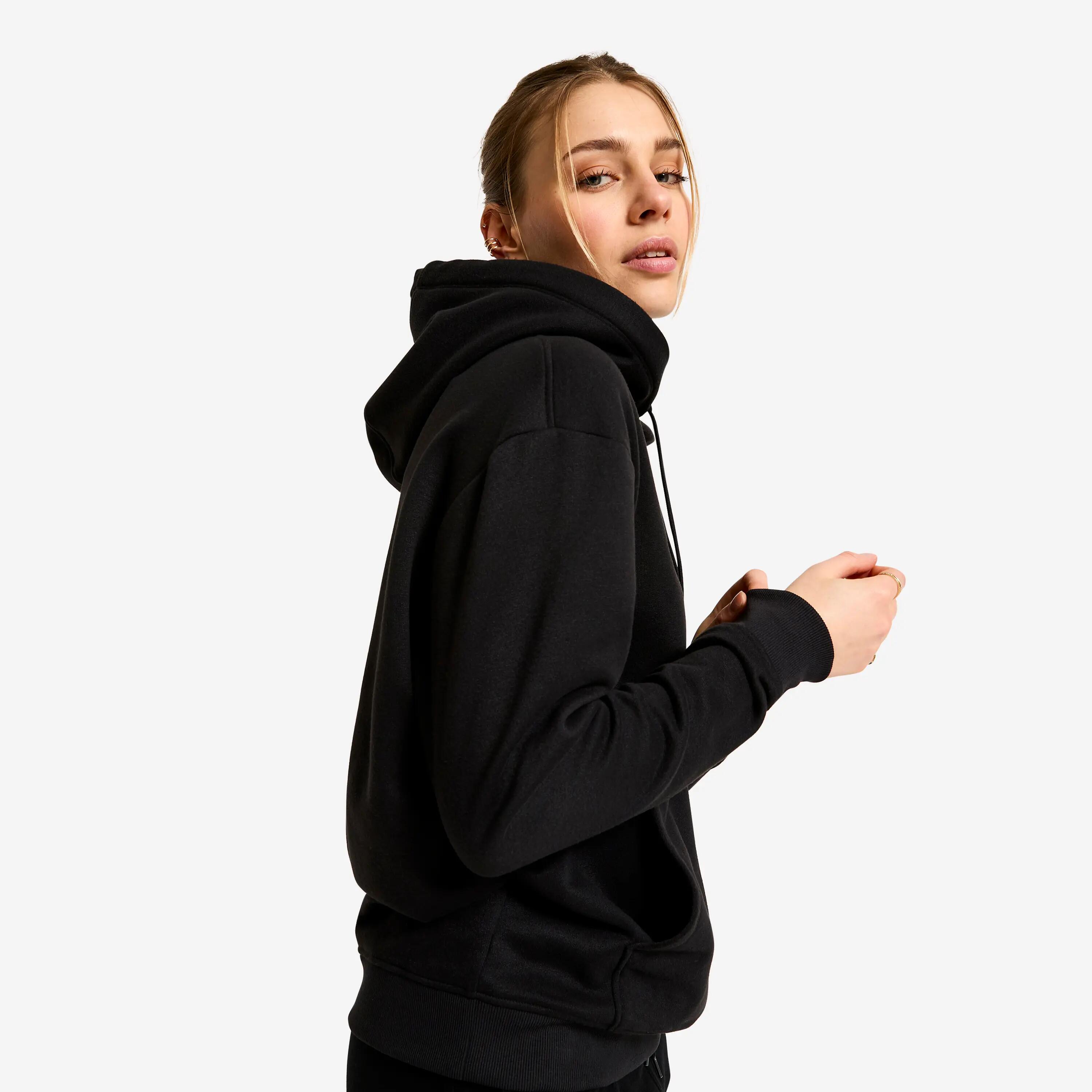Felpa donna palestra ESSENTIAL con cappuccio e zip pesante nera 5/9