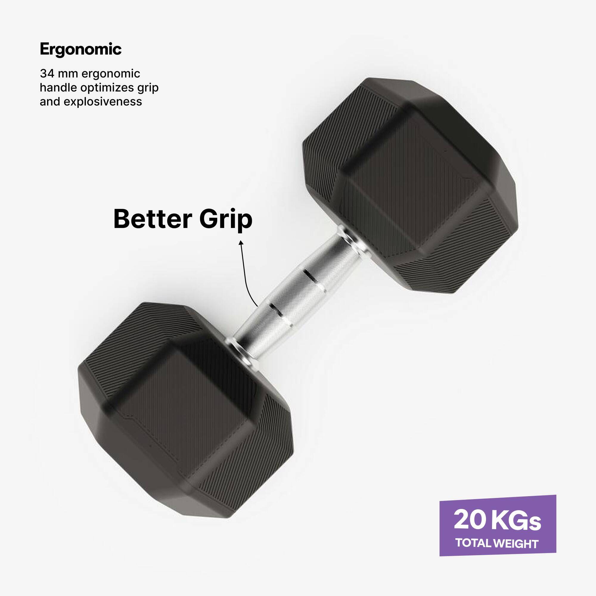 Cross Training and Weight Training 20 kg Hex Dumbbell - Black -  5