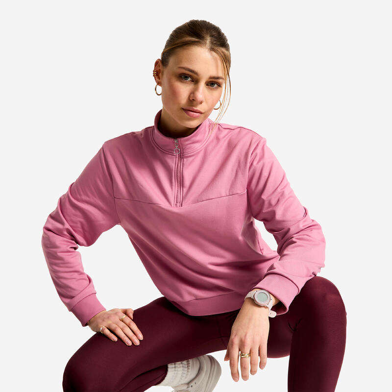 Hanorac pentru fitness mânecă lungă guler cu fermoar Roz Damă