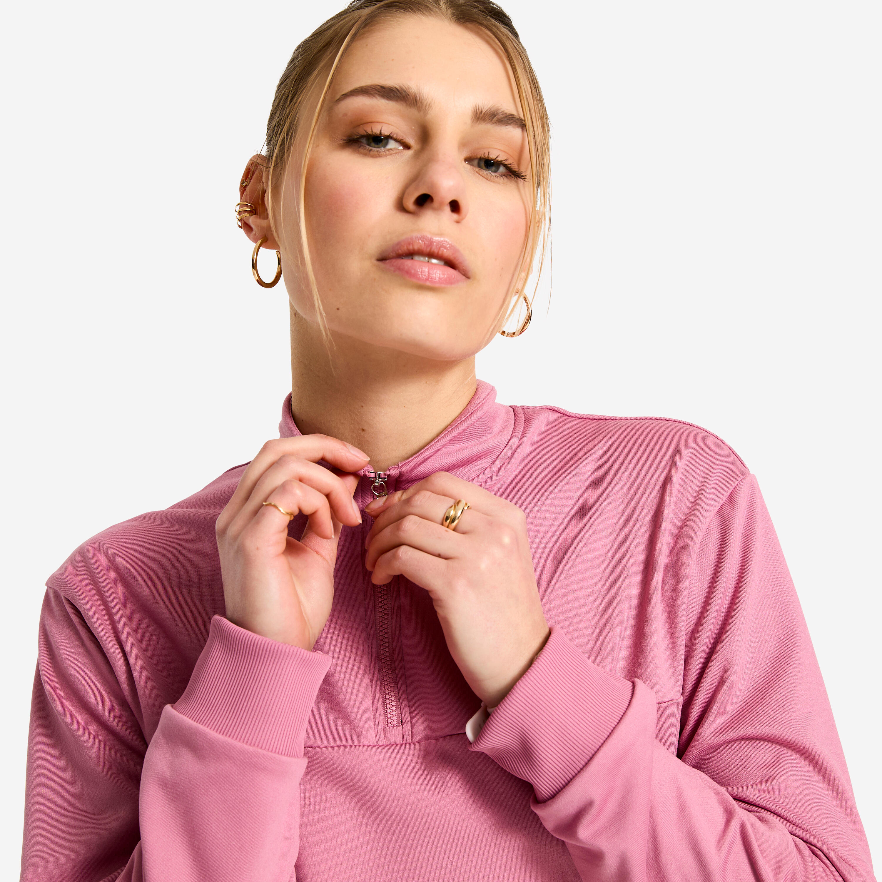 Sudadera Fitness Mujer Rosa Manga Larga Cuello Cremallera 4/6