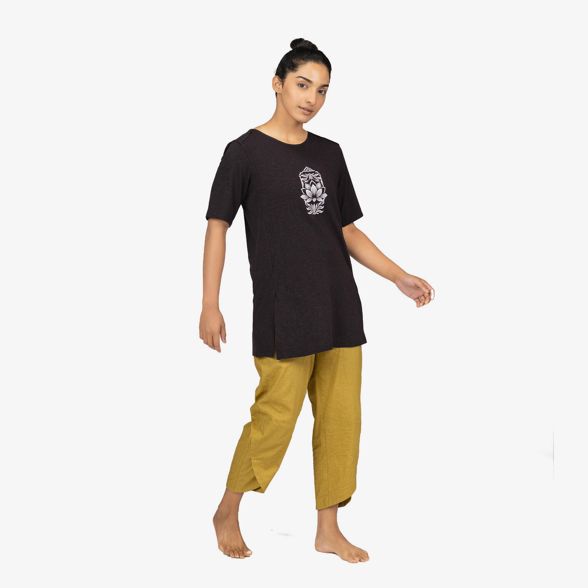 Women Cotton Kurti Gym T-Shirt Crew Neck - Black -  2