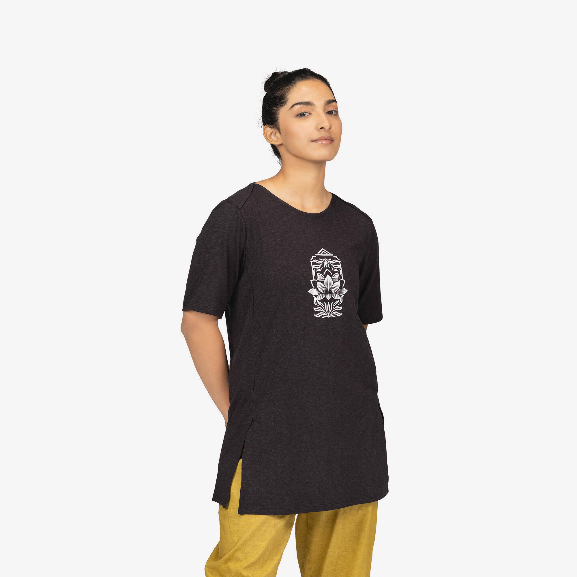 Women Cotton Kurti Gym T-Shirt Crew Neck - Black -  1