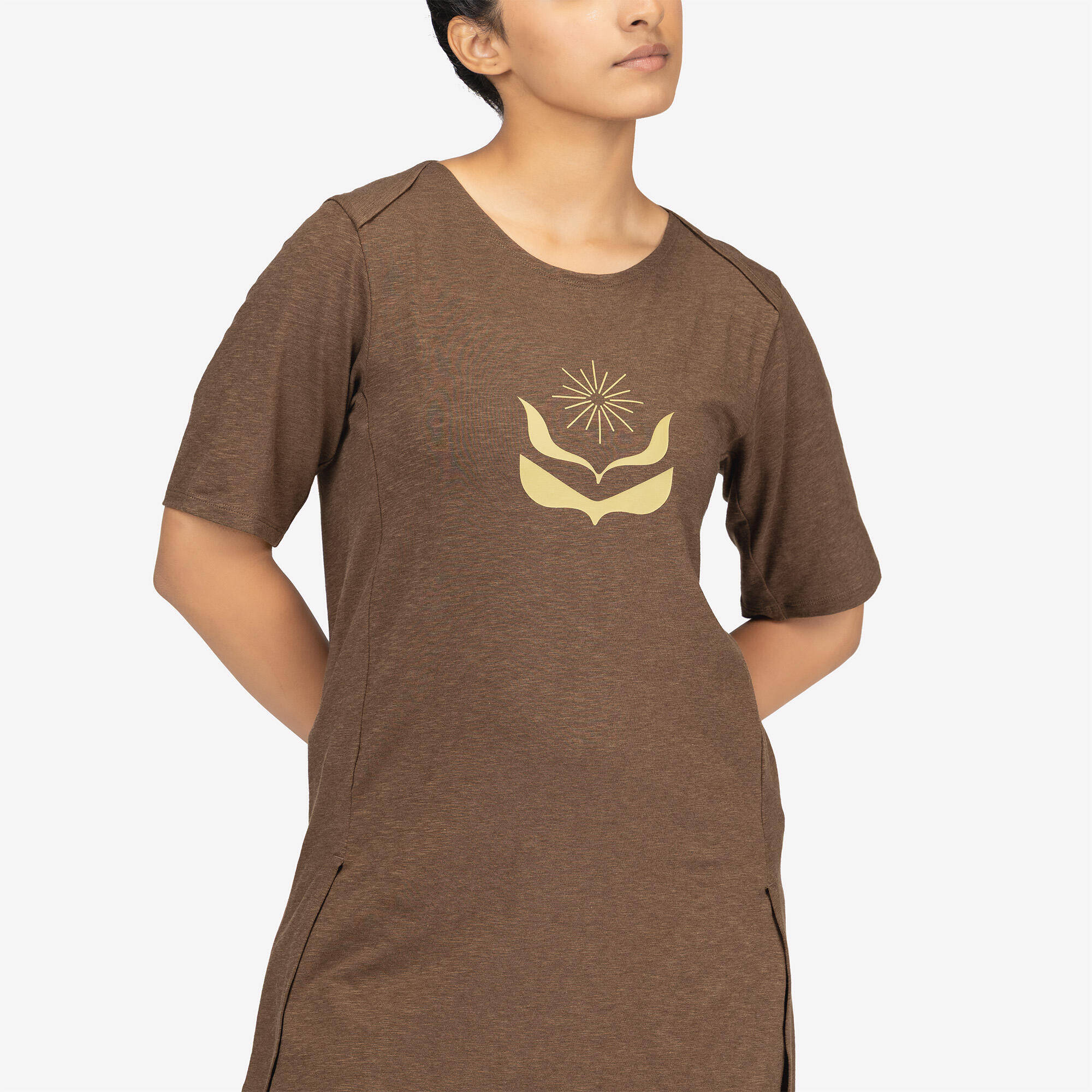 Women Cotton Kurti Gym T-Shirt Crew Neck - Khaki -  5