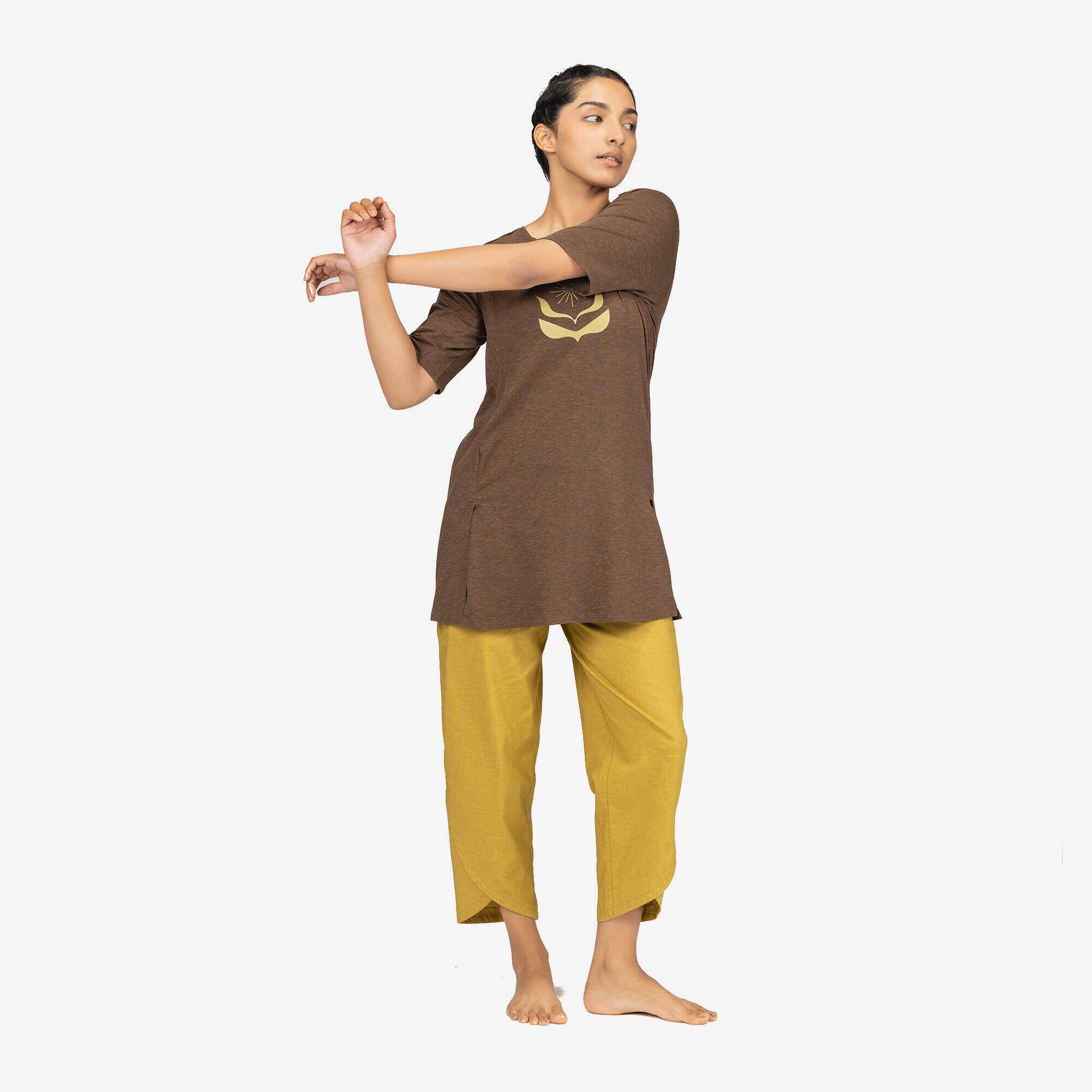 Women Cotton Kurti Gym T-Shirt Crew Neck - Khaki -  1