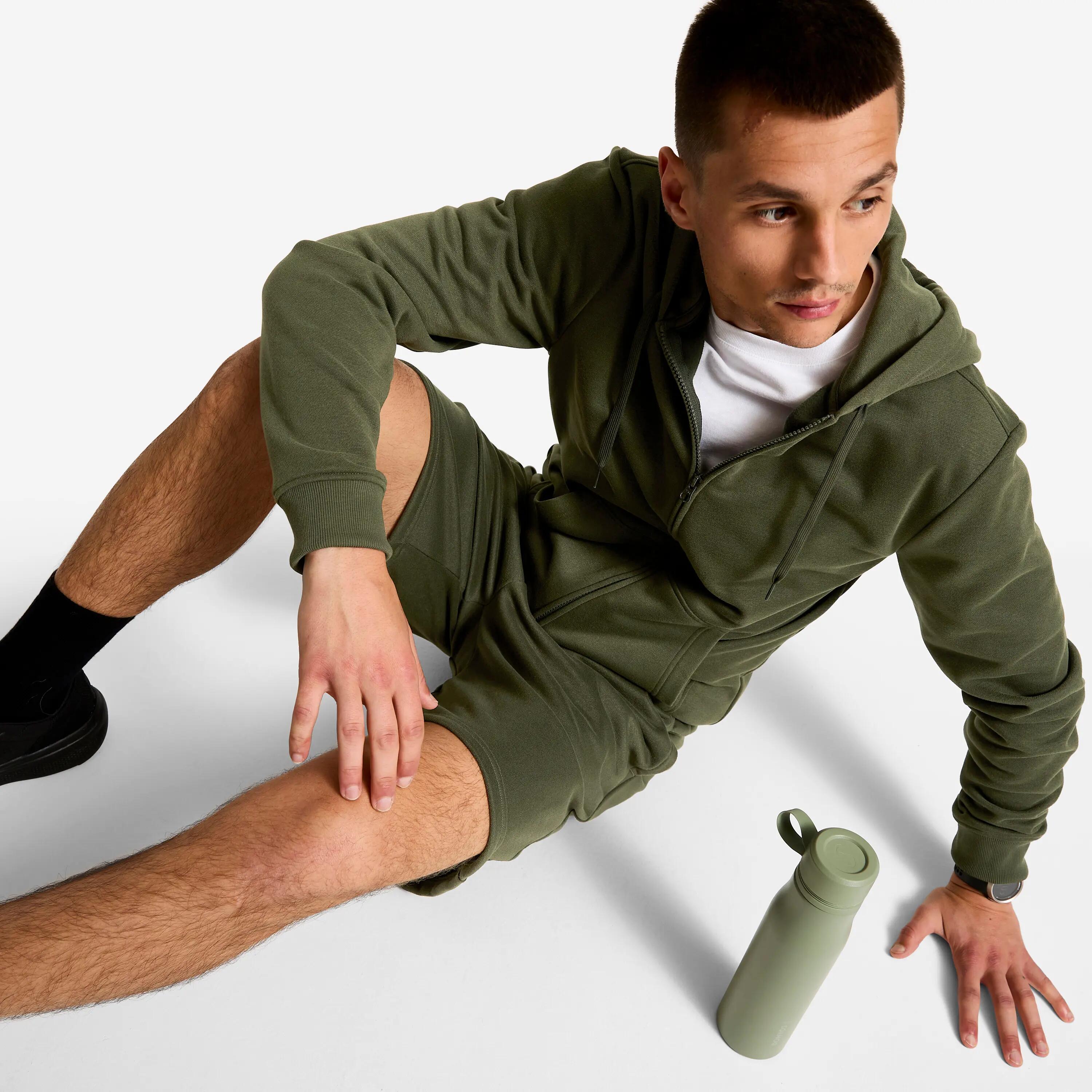 Pantaloncini uomo palestra ESSENTIALS regular fit traspiranti verde militare 4/4