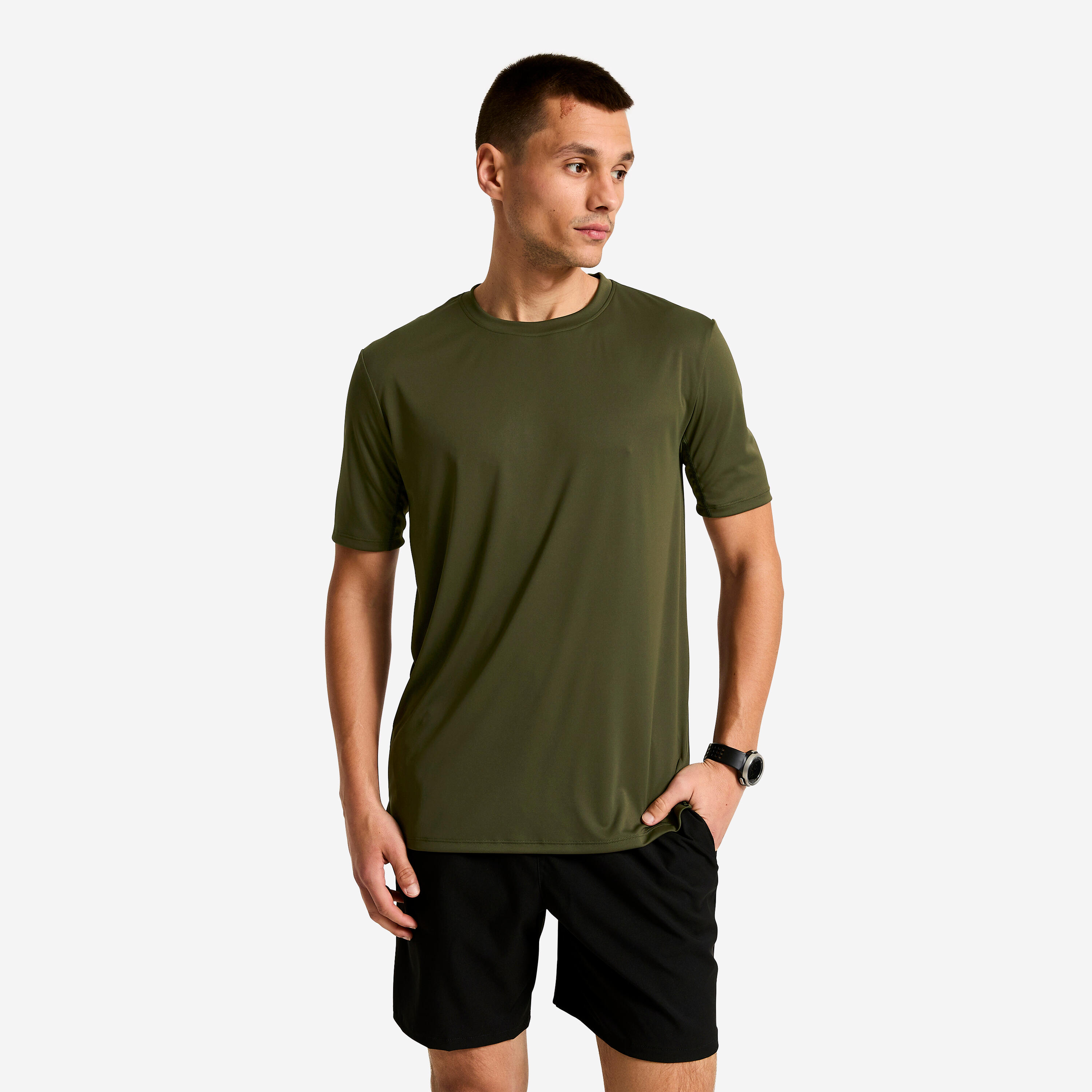 Domyos T Shirt De Fitness Manches Courtes Respirant Col Rond Homme Vert Kaki