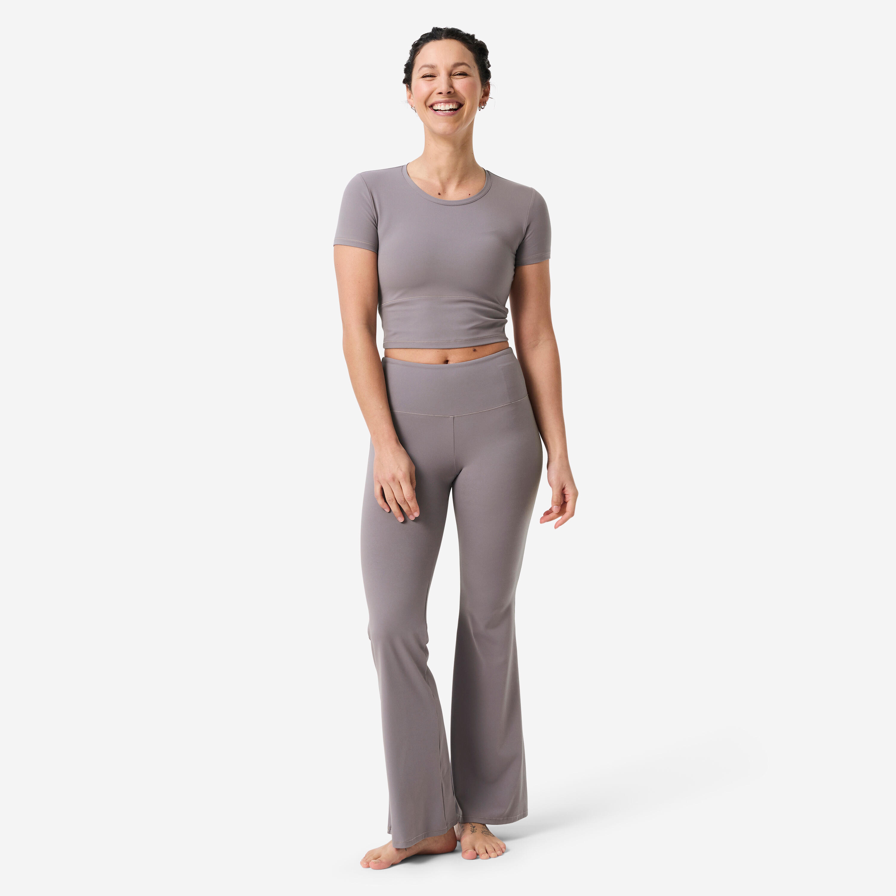 Women's Stretchy & Soft Yoga & Pilates T-Shirt - Ash Grey - Decathlon