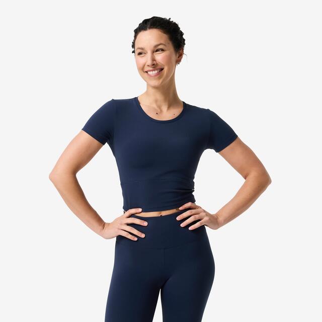 T-Shirt Yoga Pilates Damen dehnbar weich - dunkelblau