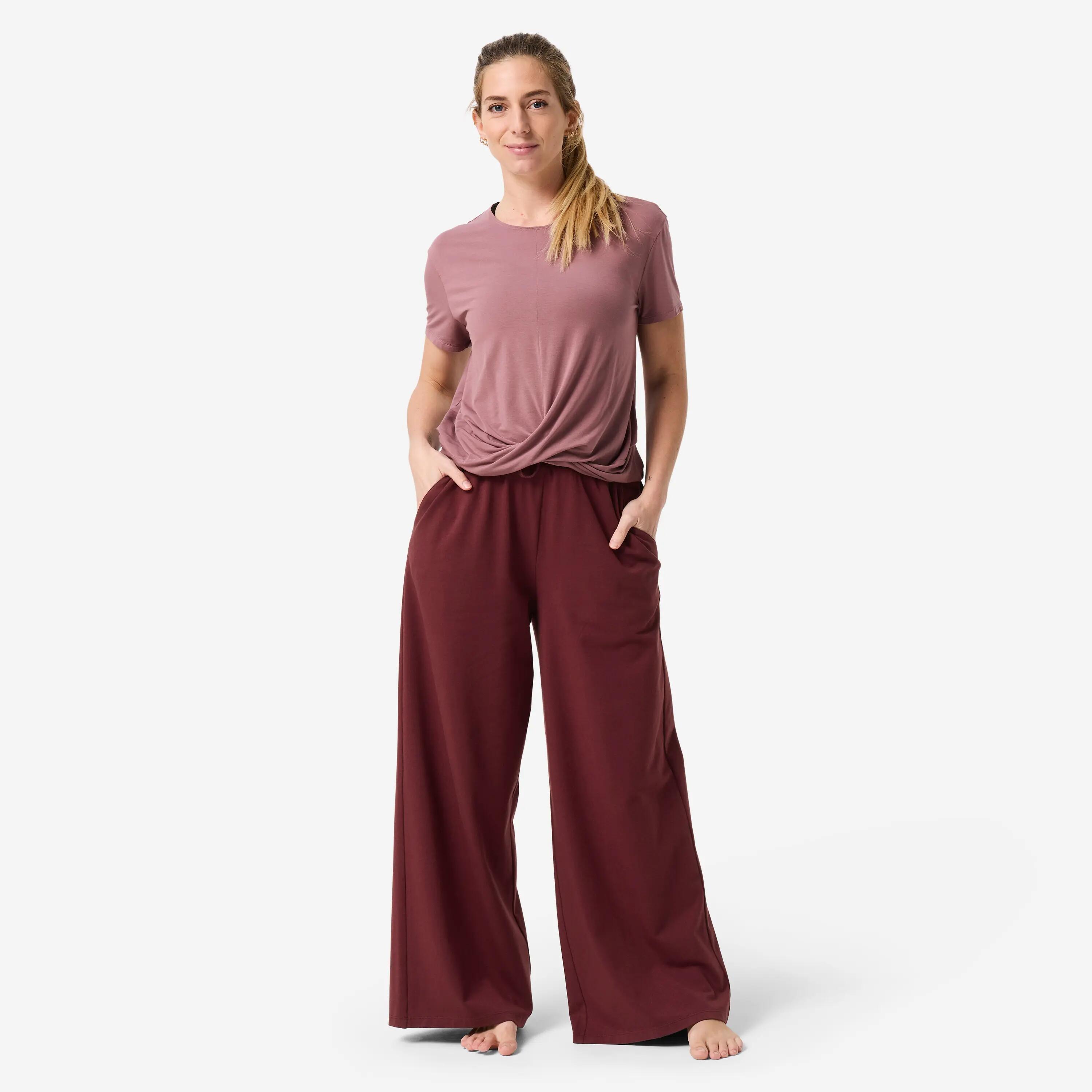 Women's stretchy loose-fit cotton jogging bottoms, burgundy -  3