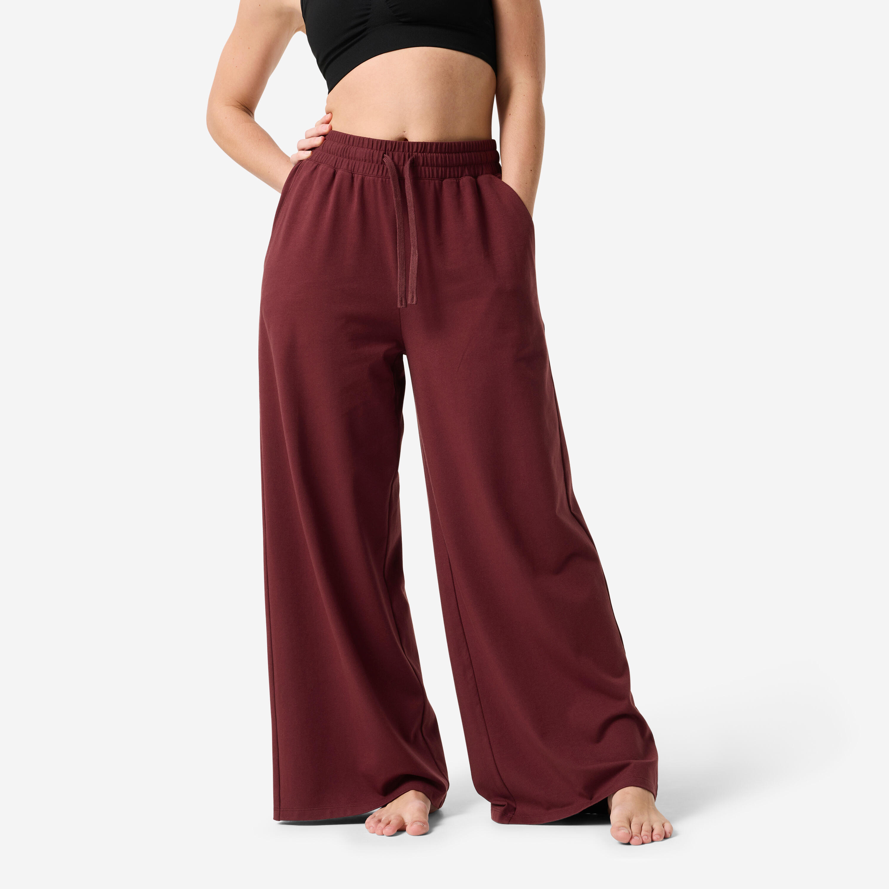 Domyos Pantalon De Jogging Large En Coton Et Extensible Femme Bordeaux