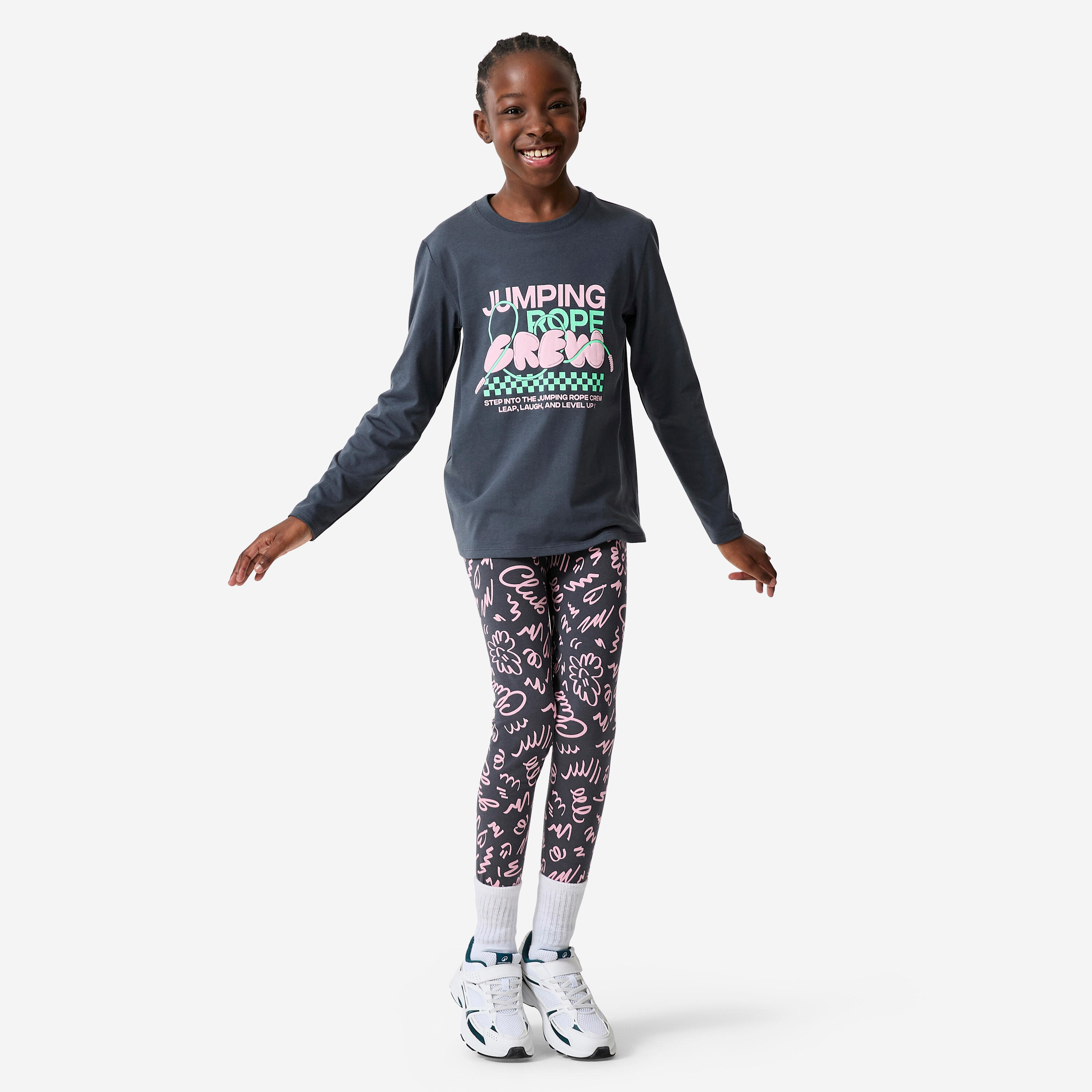 Girls' cotton leggings, printed, dark pink 2/8