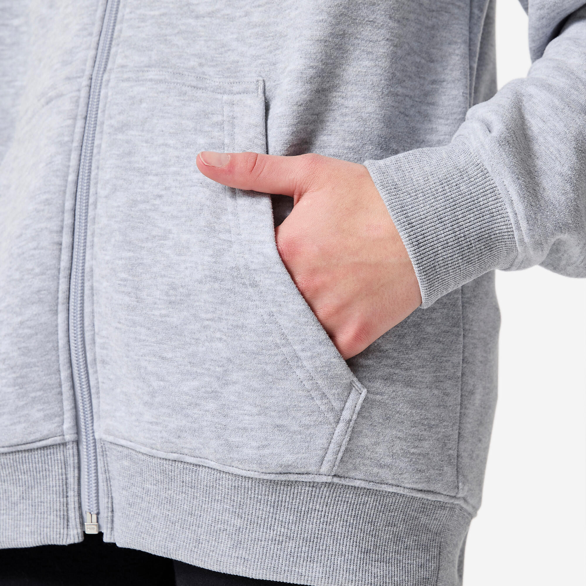 DECATHLON Detská voľná mikina na zips s kapucňou sivá 7-8 r (123-130 cm) · záber 7