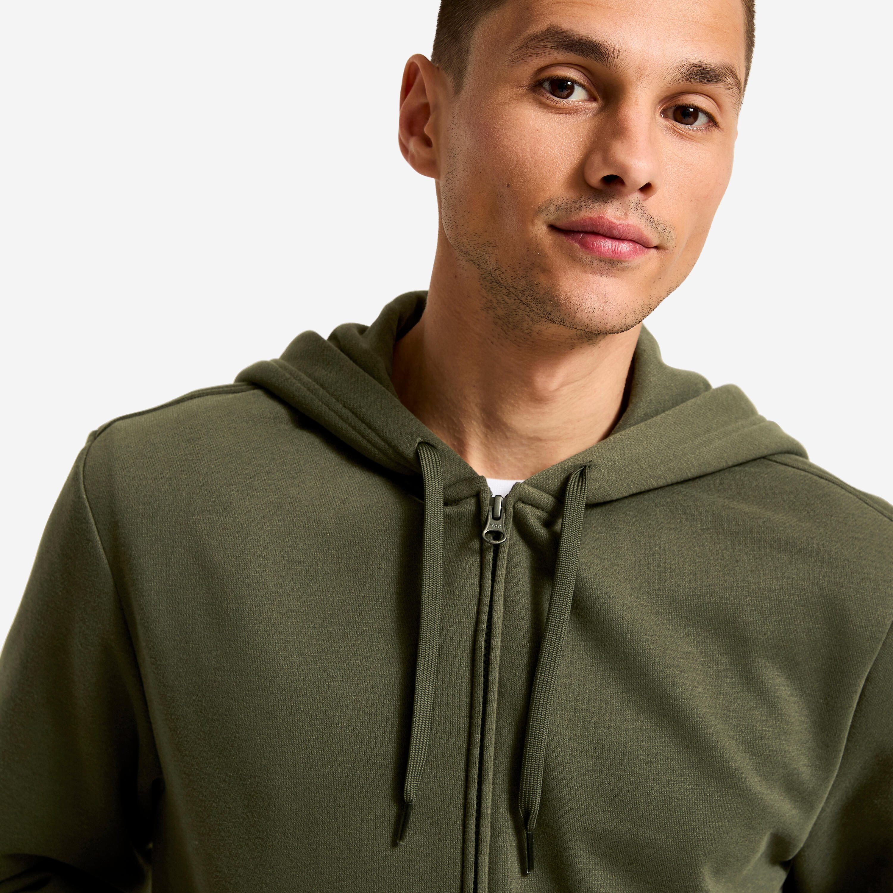 Felpa uomo palestra con cappuccio e zip pesante verde militare 4/6