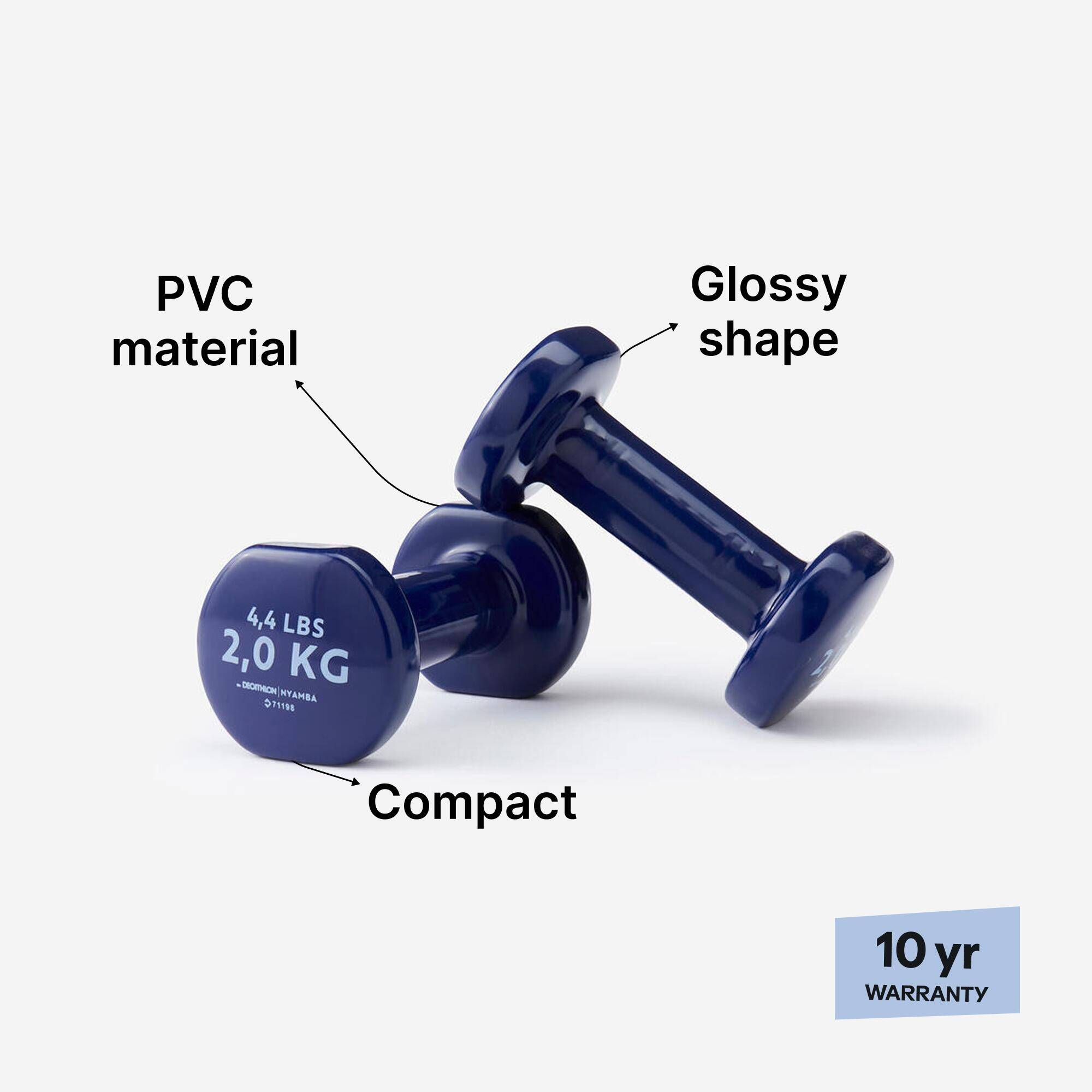 Set of 2 Hex Shaped PVC Dumbbells, 2kg, Soft Touch with 2 Years Warranty - Blue -  2