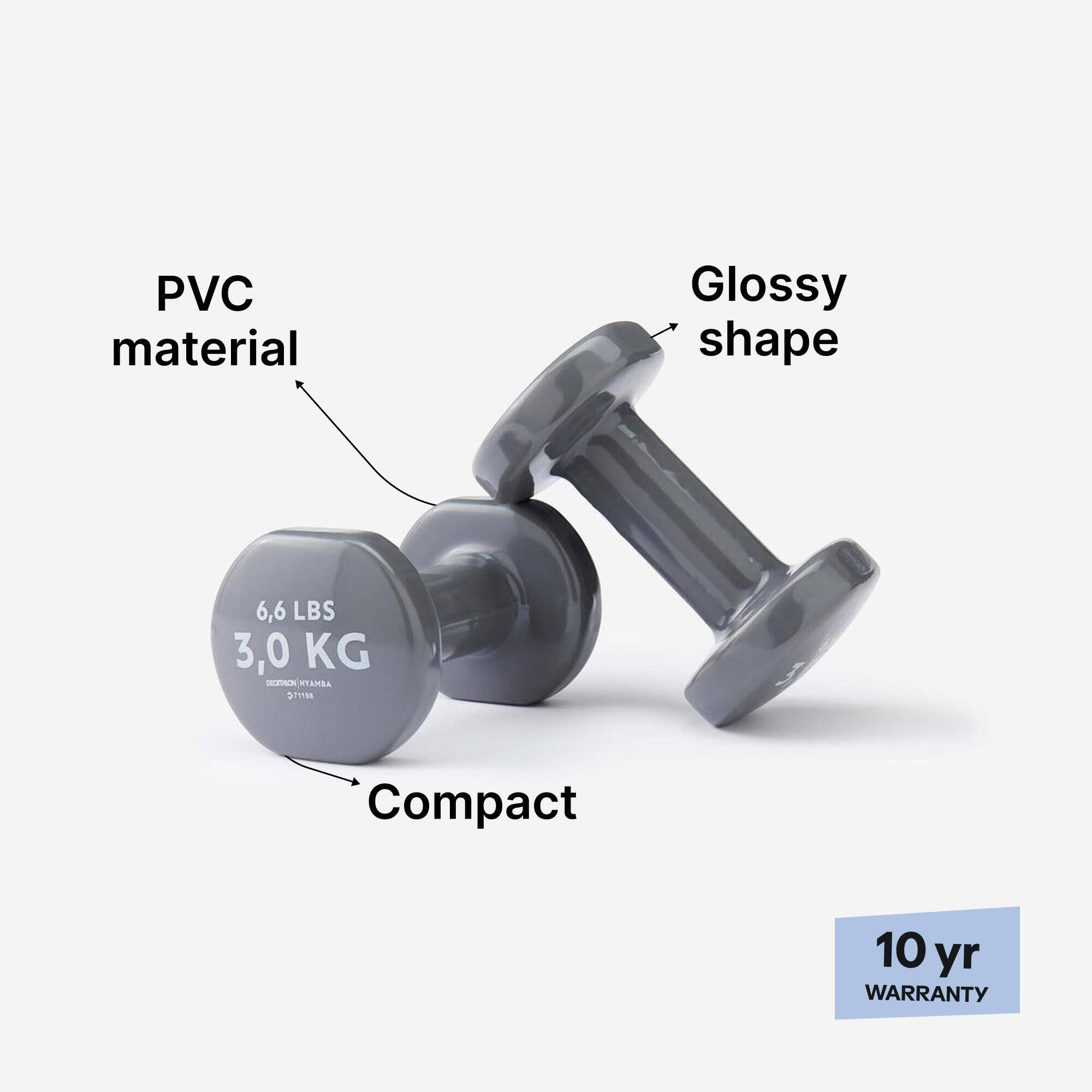 Set of 2 Hex Shaped PVC Dumbbells, 3kg, Soft Touch with 2 Years Warranty - Grey -  2