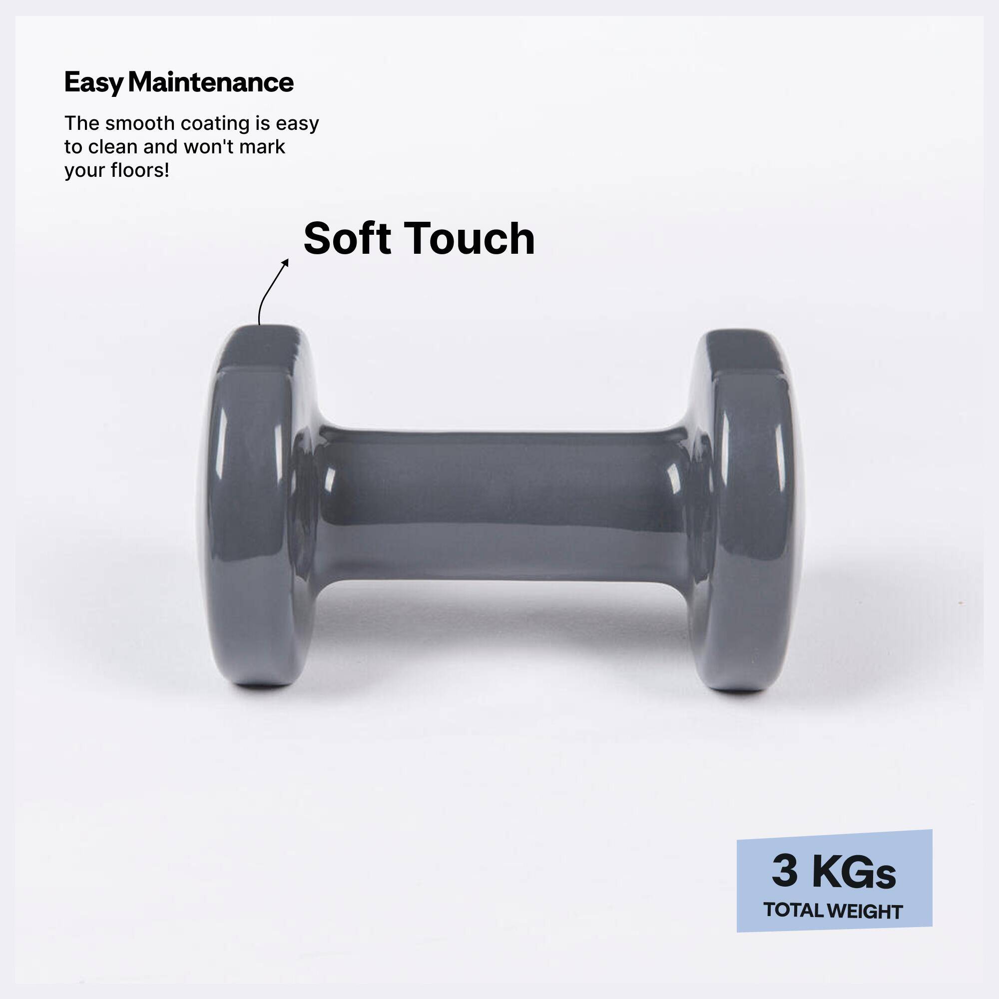 Set of 2 Hex Shaped PVC Dumbbells, 3kg, Soft Touch with 2 Years Warranty - Grey -  3