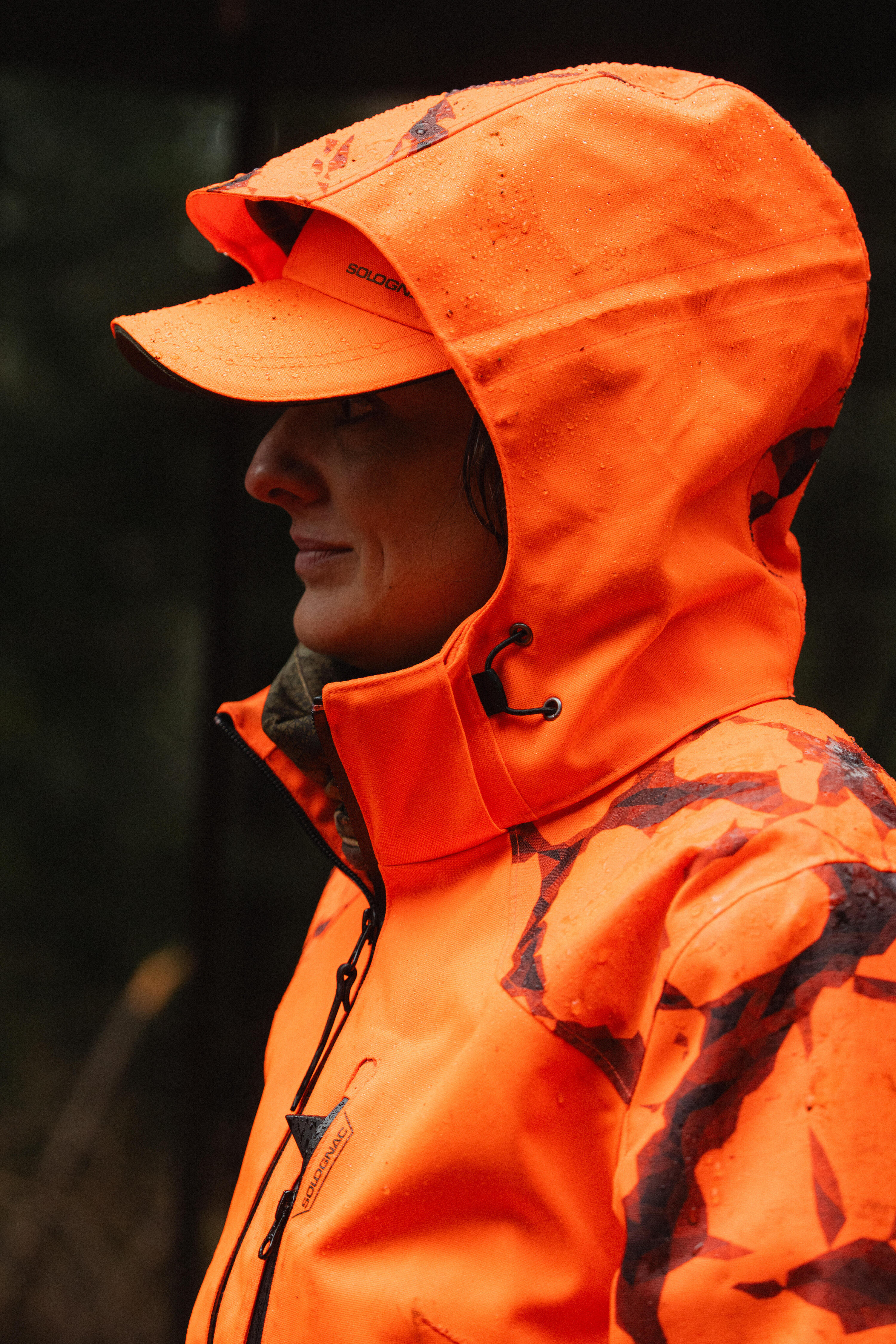 Jaqueta Caça Solognac Dona Impermeable Reforçada Taronja Fluo Alta Visibilitat 19/22