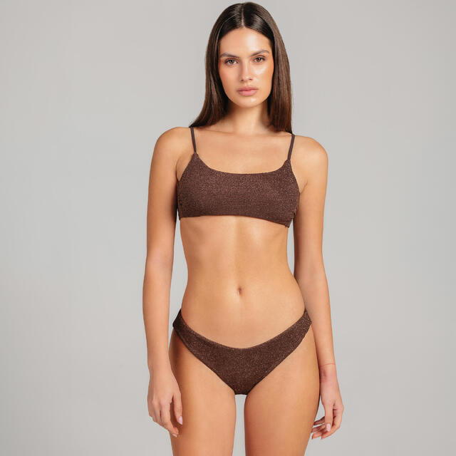 Bikini costume due pezzi - top fascia e slip a “V” lurex marrone