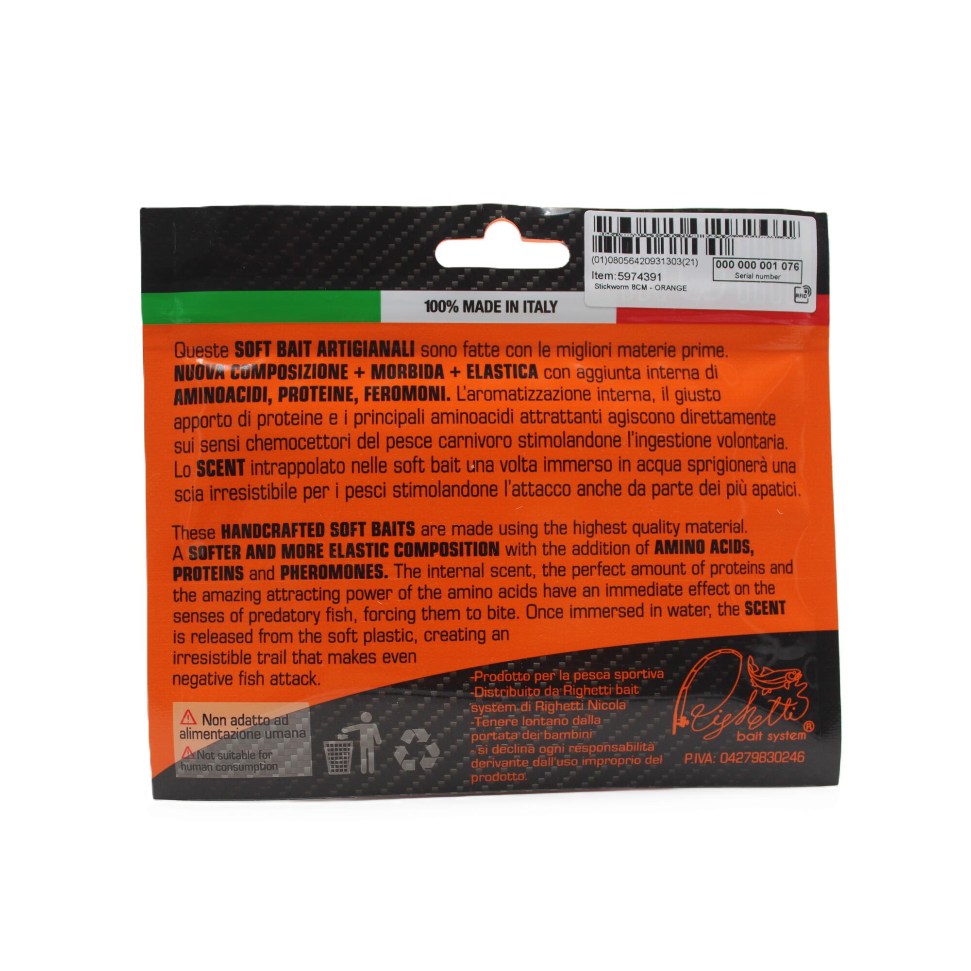 Esca morbida trota Righetti Baits Stickworm orange 8,5cm scent con feromoni 3/3