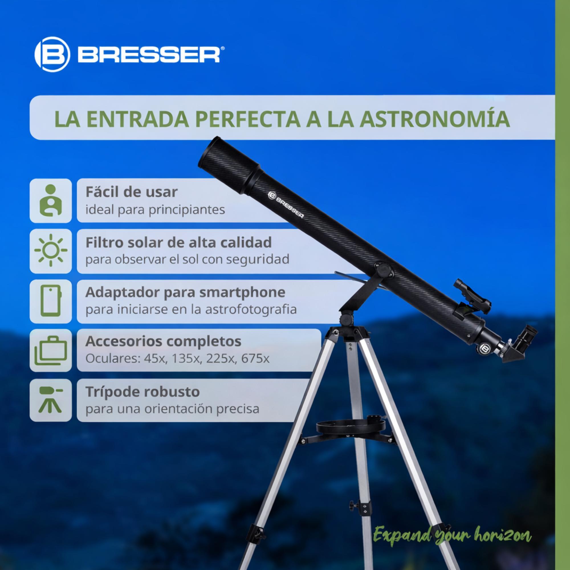 Telescopio Sirius 70/900 AZ BRESSER con Adaptador de Cámara de Smartphone -CD 8/9