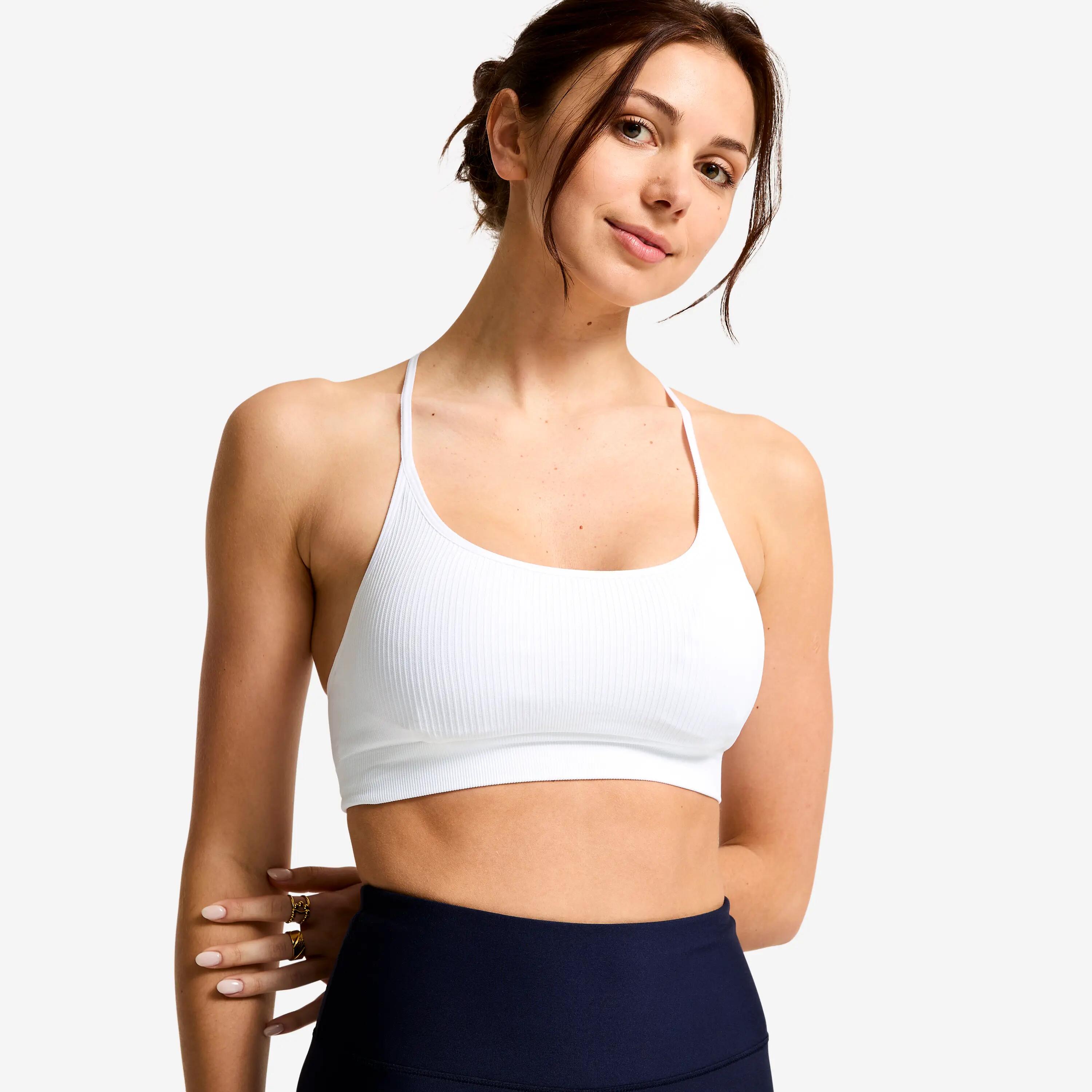 Reggiseno sportivo donna palestra bralette a costine sostegno leggero bianco 5/8