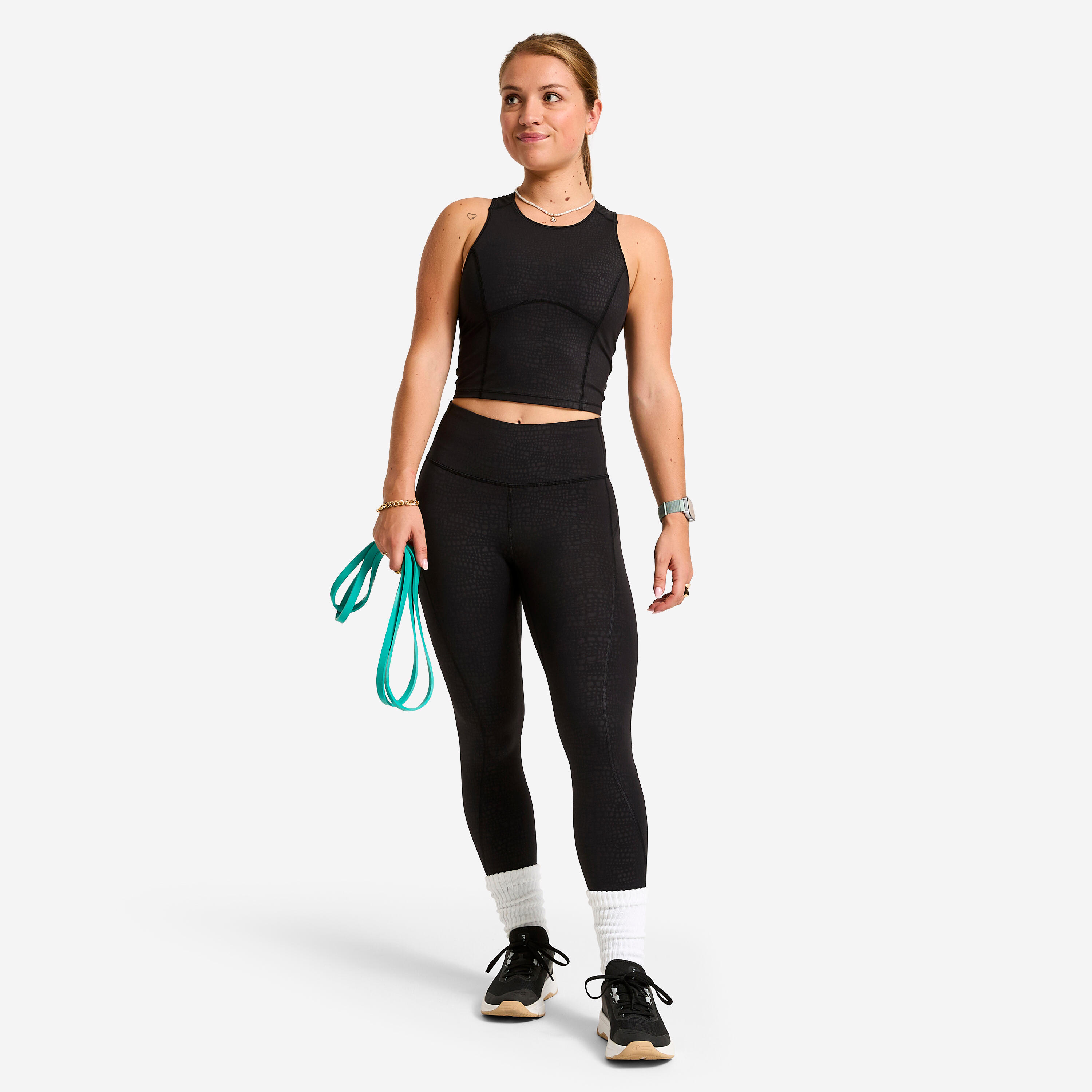 Samarreta sense Mànigues Esportiva Dona Negre-Turquesa Tall Crop Modelador 2/8