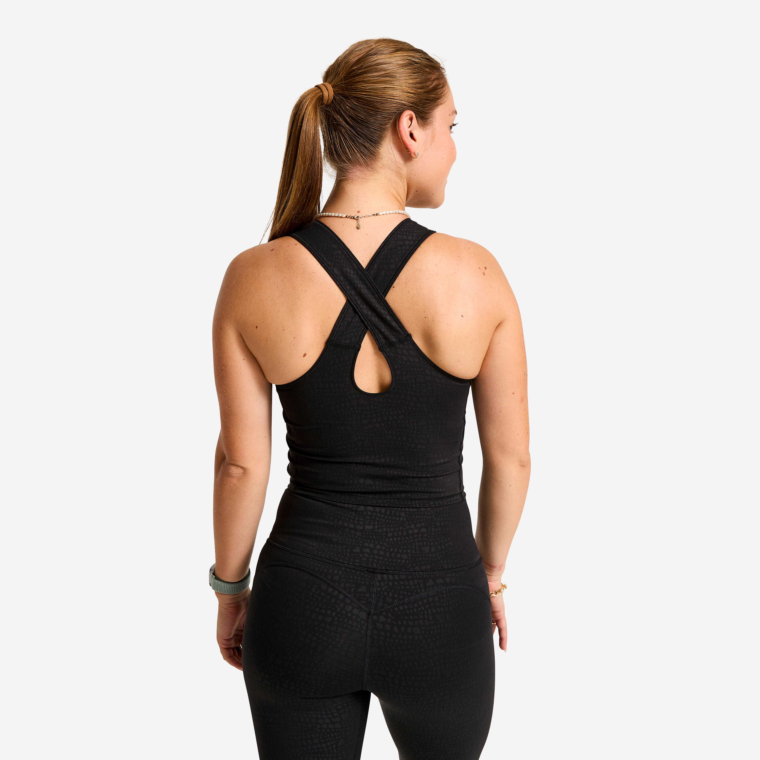 Samarreta sense Mànigues Esportiva Dona Negre-Turquesa Tall Crop Modelador 3/8