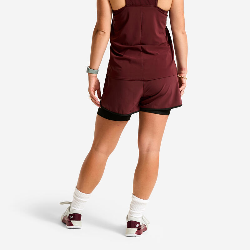 Pantaloni scurți de fitness pentru femei, cu strat dublu, bordo și negru