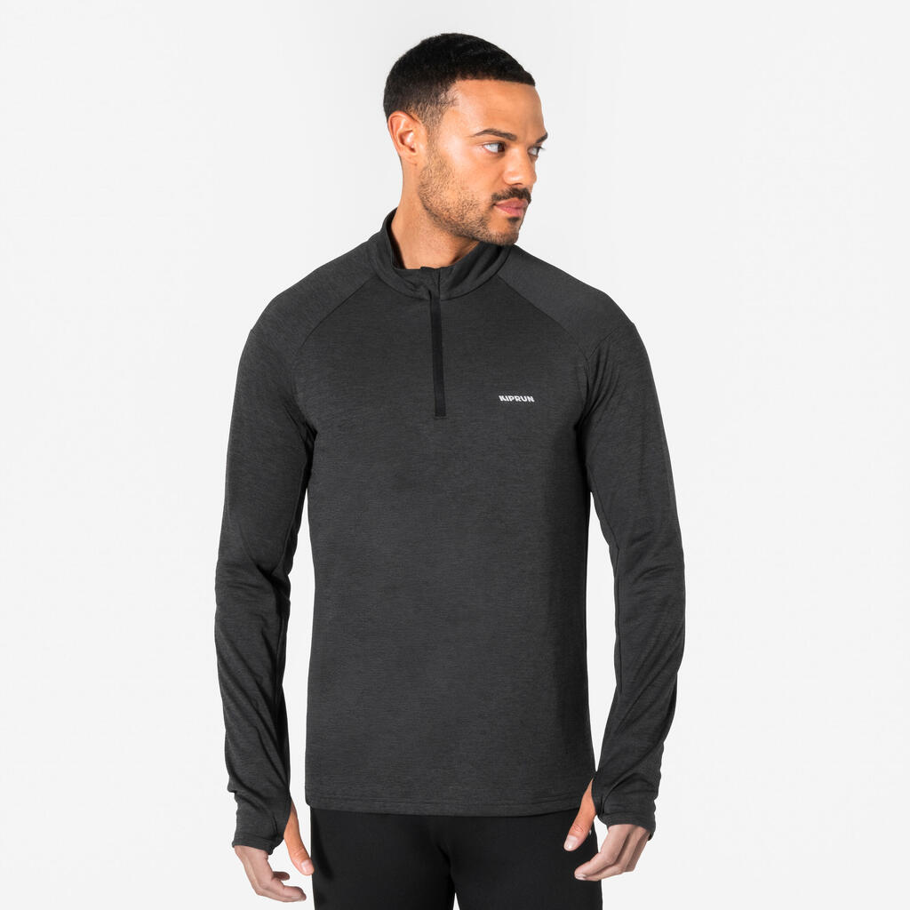T-shirt manches longues demi zip chaud et respirant Homme, Kiprun Run 100 noir