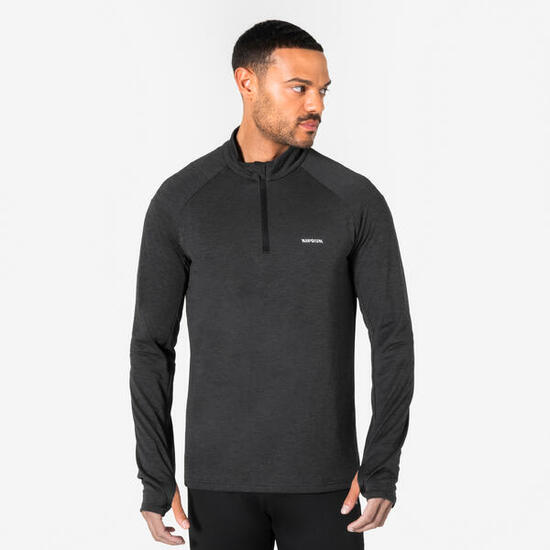 T-shirt manches longues demi zip chaud et respirant Homme, Kiprun Run 100 noir