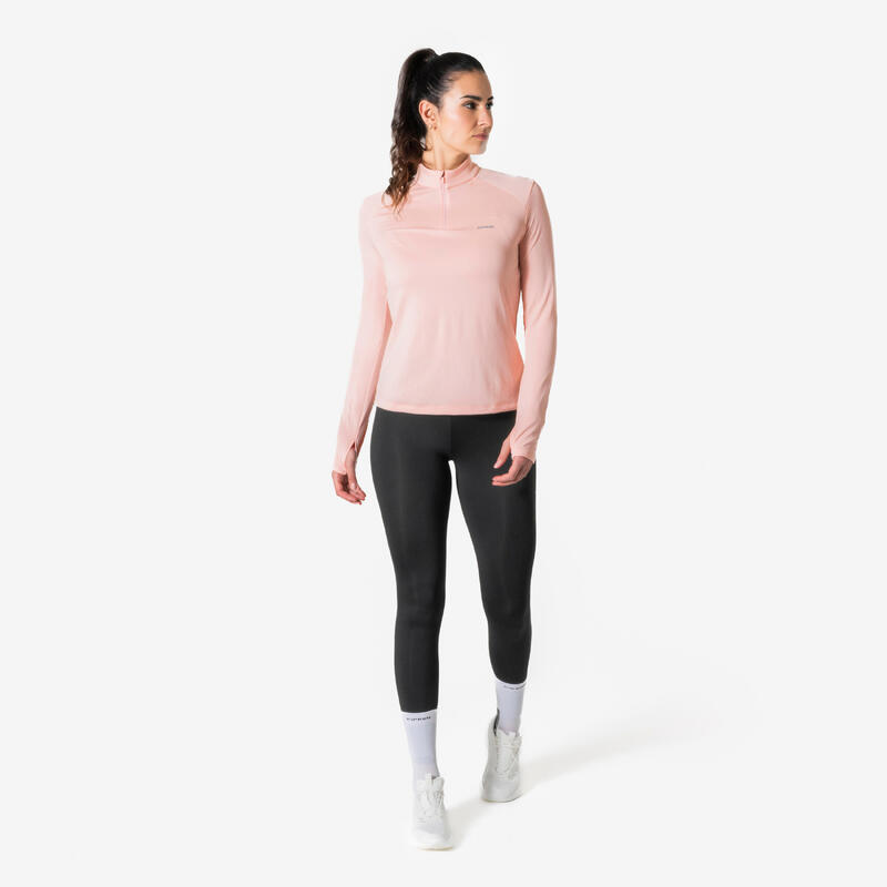 Kadın Uzun Kollu Yarım Fermuarlı Koşu Tişörtü - Pembe - Kiprun Run Core