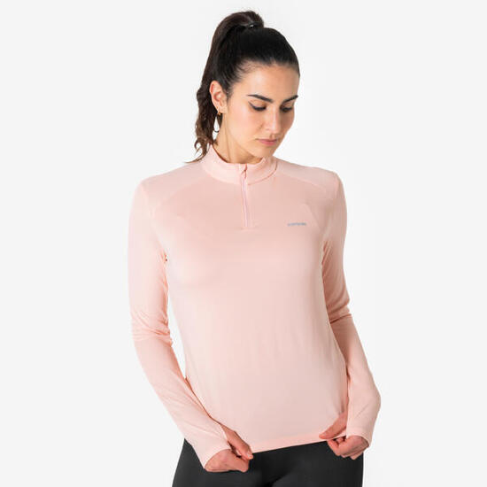 T-Shirt manches longues de running 1/2 zip Femme, Kiprun Run Core rose