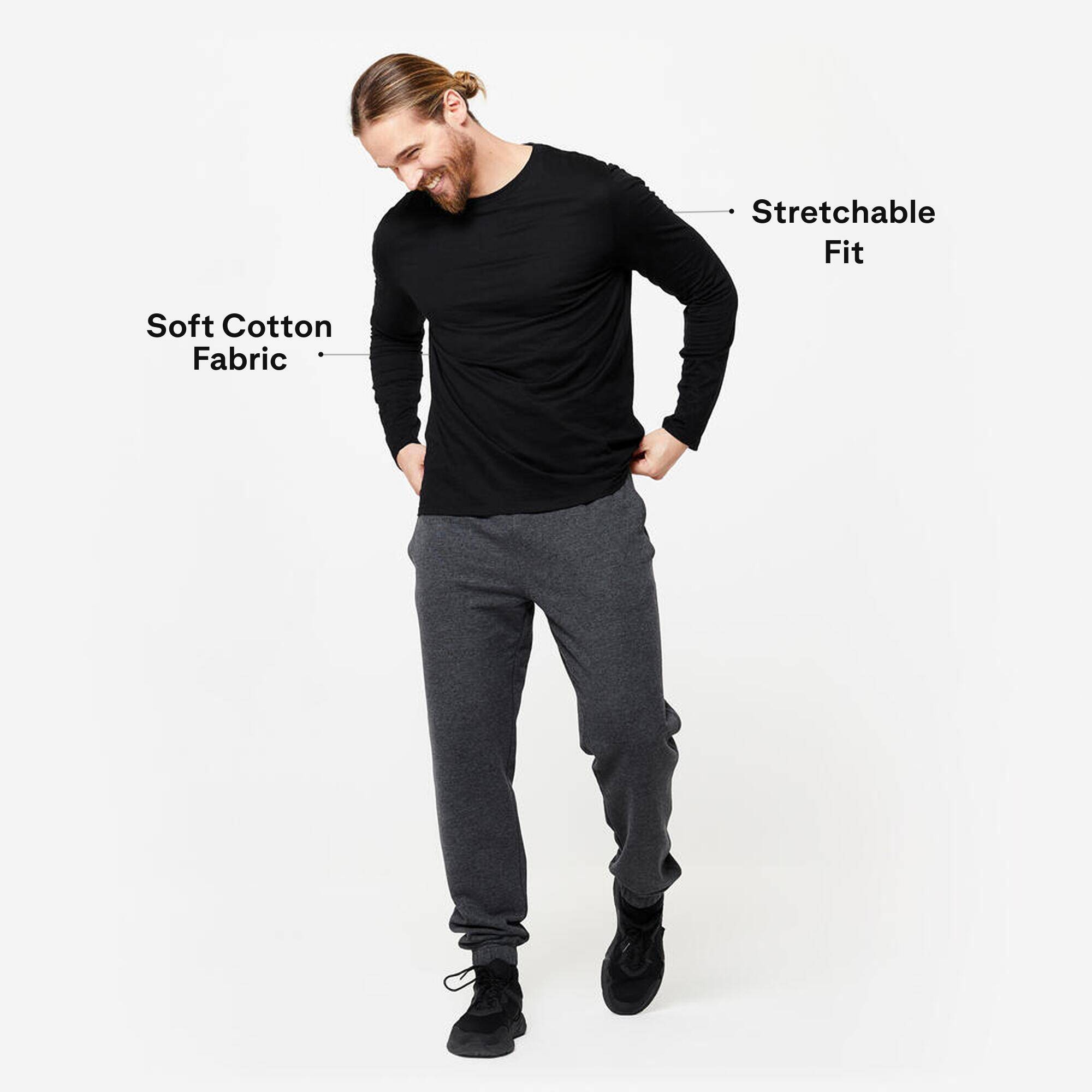 Men T-Shirt Long Sleeve Regular Fit 100 for Gym-Black -  2