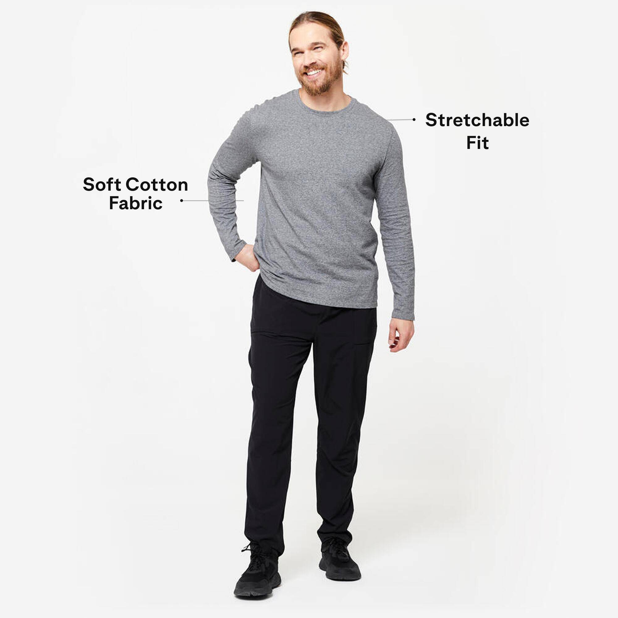 Men T-Shirt Long Sleeve Regular Fit 100 for Gym-Grey -  2