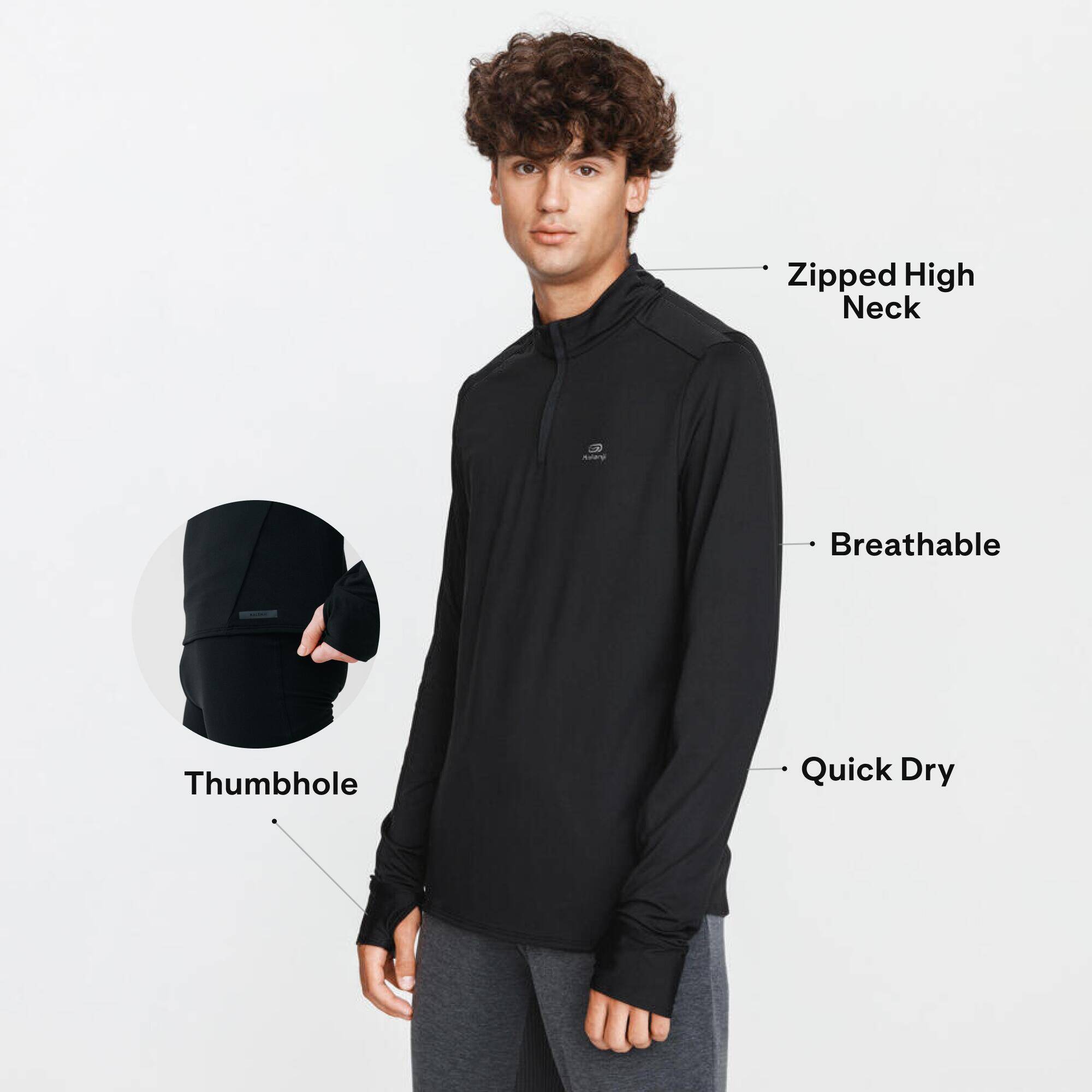 Men Running T-Shirt, Warm and Long-Sleeved, Run 100 Warm - Black -  3