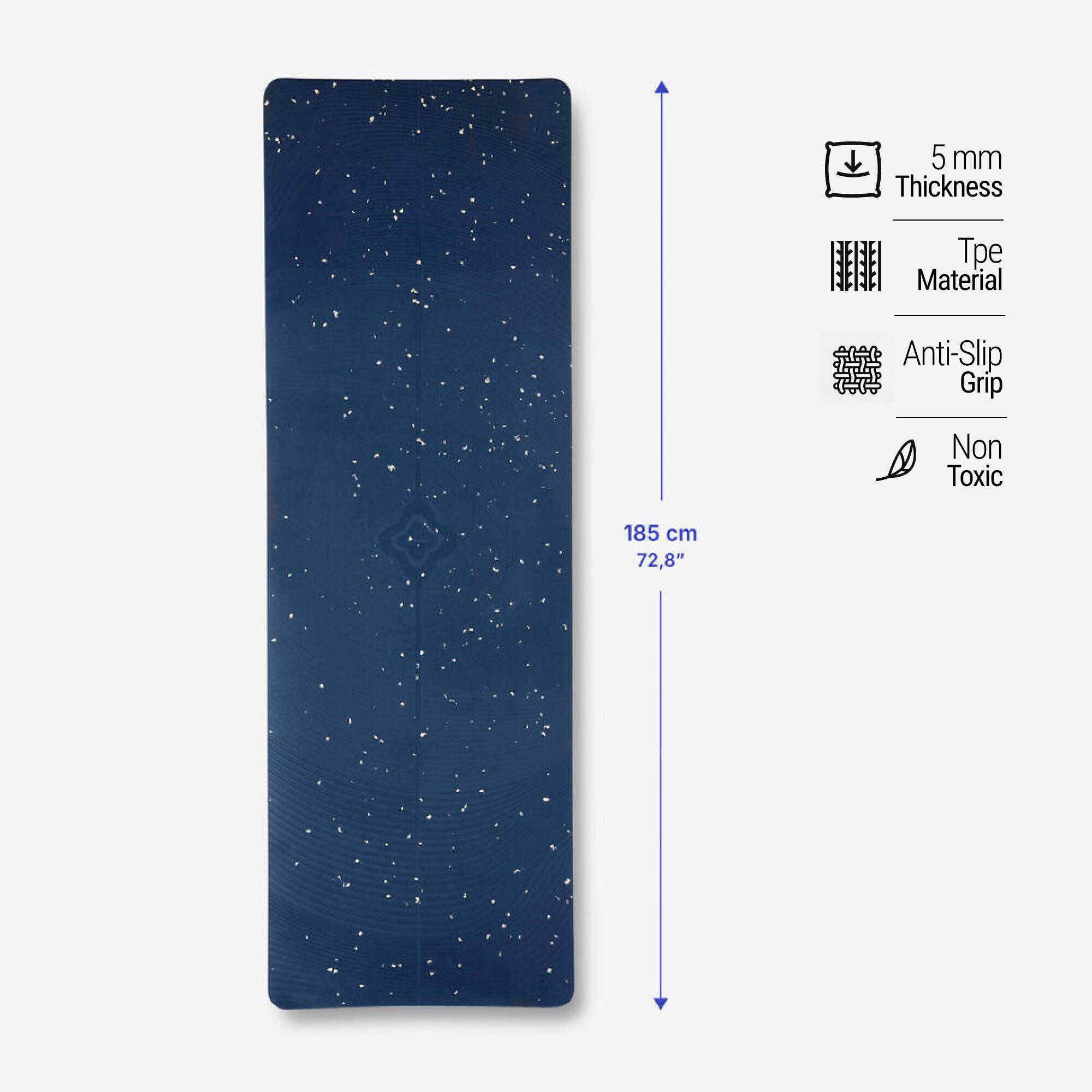 Yoga Mat 5mm Thick, 185 x 61 cm, Lightweight with Carry Strap – Navy Blue -  1