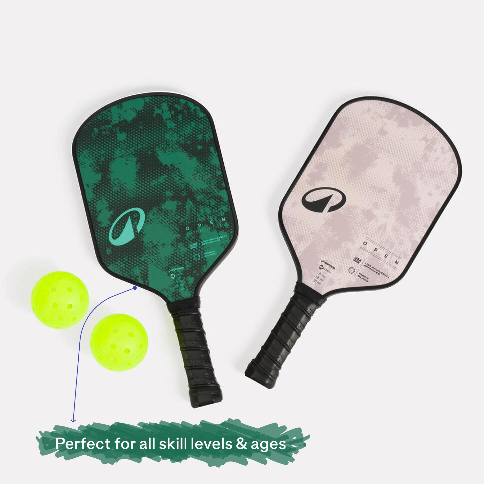 Zestaw do pickleballa Open 2 rakiety, 2 piłki i pokrowiec 20/32
