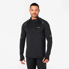 T-shirt manches longues demi zip chaud Homme, Kiprun run 500 warm noir
