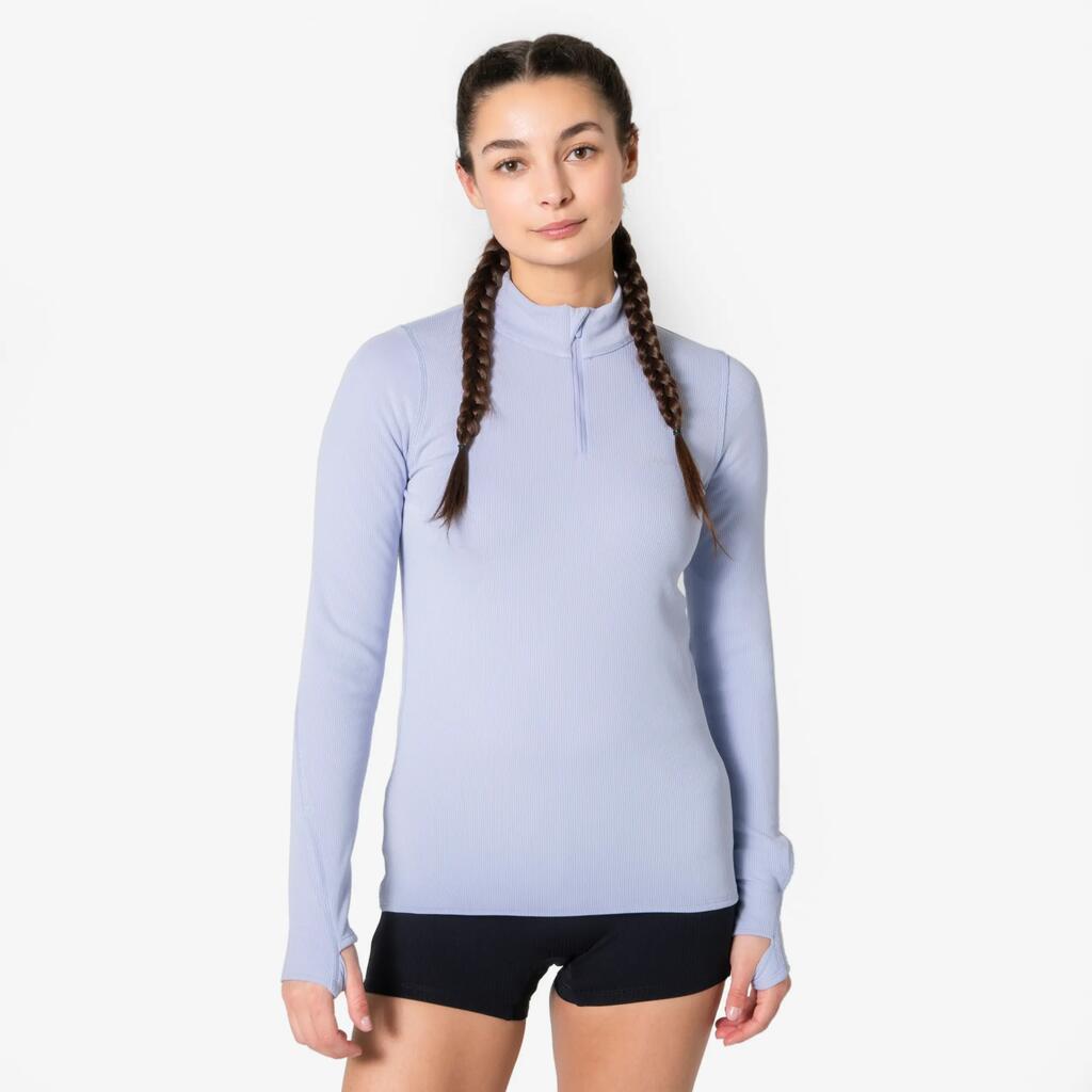 Women's warm long-sleeved half-zip T-shirt Kiprun Run Flow light purple.