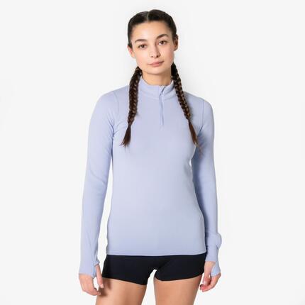T-Shirt manches longues chaud 1/2 zip Femme, Kiprun Run Flow noir.