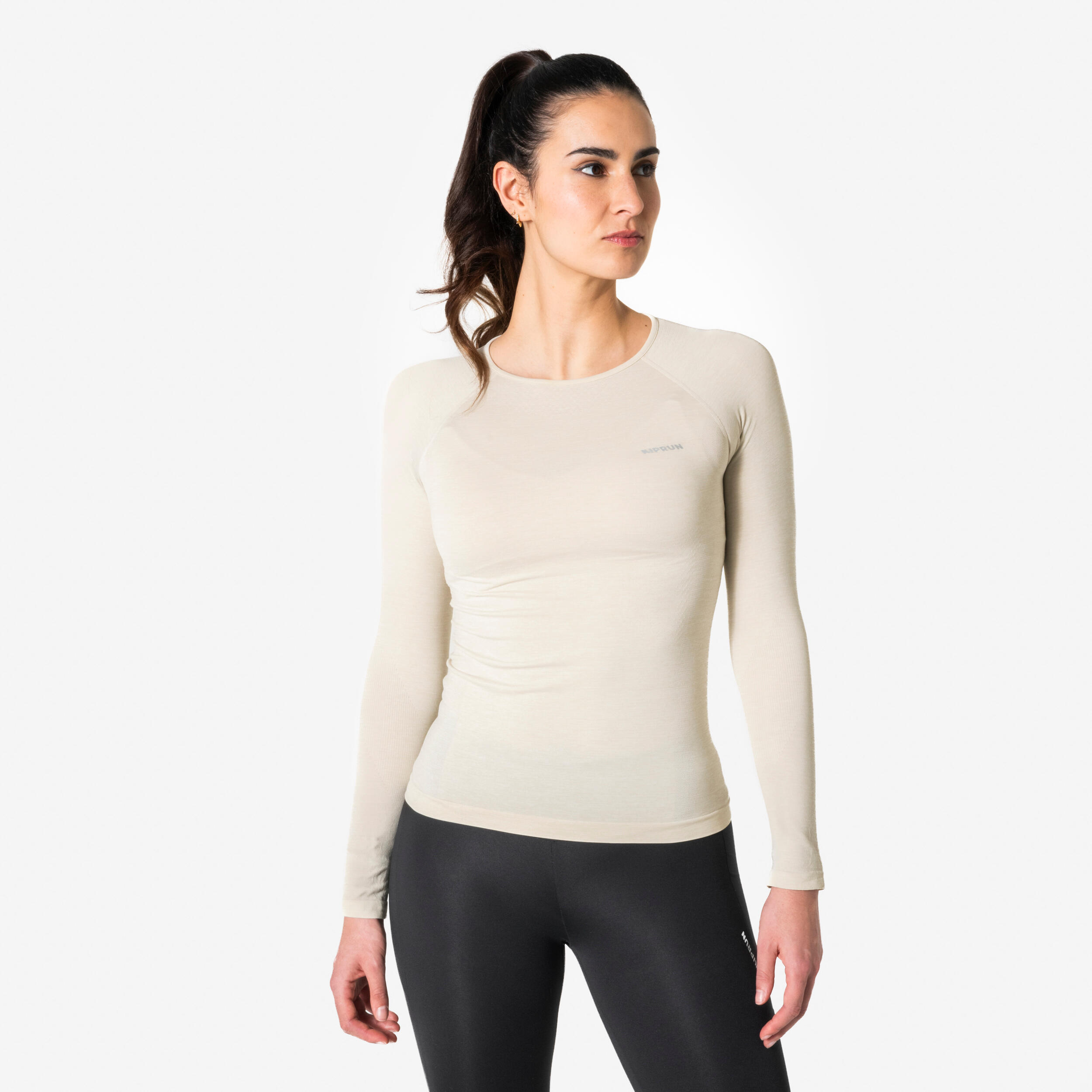 Kiprun T Shirt Manches Longues Running Femme Sans Couture Kiprun Run 500 Beige