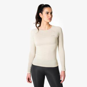 Camiseta running manga larga sin costuras Mujer, KIPRUN Run 500 beige
