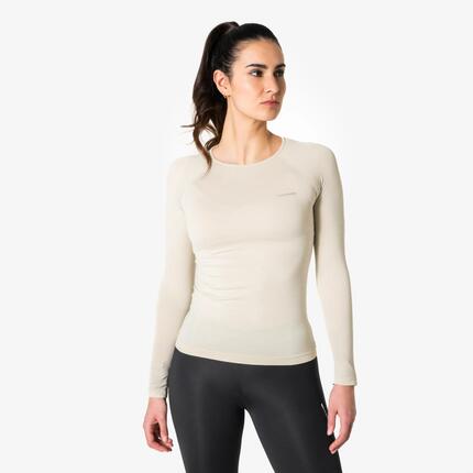 Nahtloses Langarm-T-Shirt Laufen Damen - Kiprun Run 500, Beige