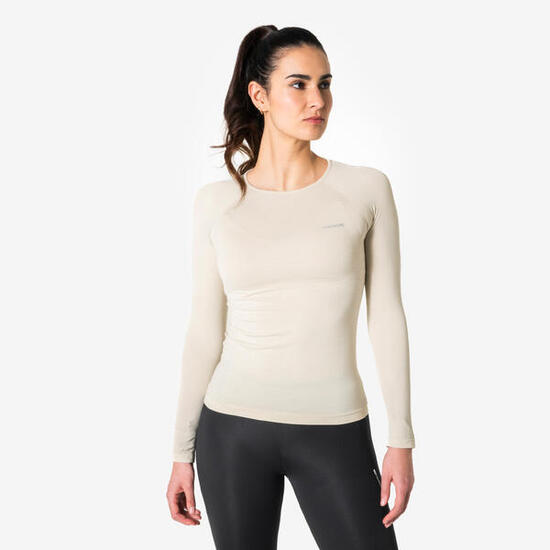 Nahtloses Langarm-T-Shirt Laufen Damen - Kiprun Run 500, Beige