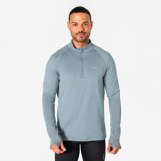 T-shirt manches longues demi zip chaud Homme, Kiprun run 500 warm gris