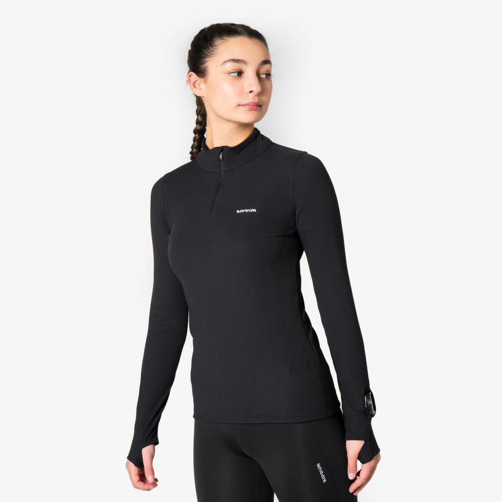 Women's warm long-sleeved half-zip T-shirt Kiprun Run Flow black.
